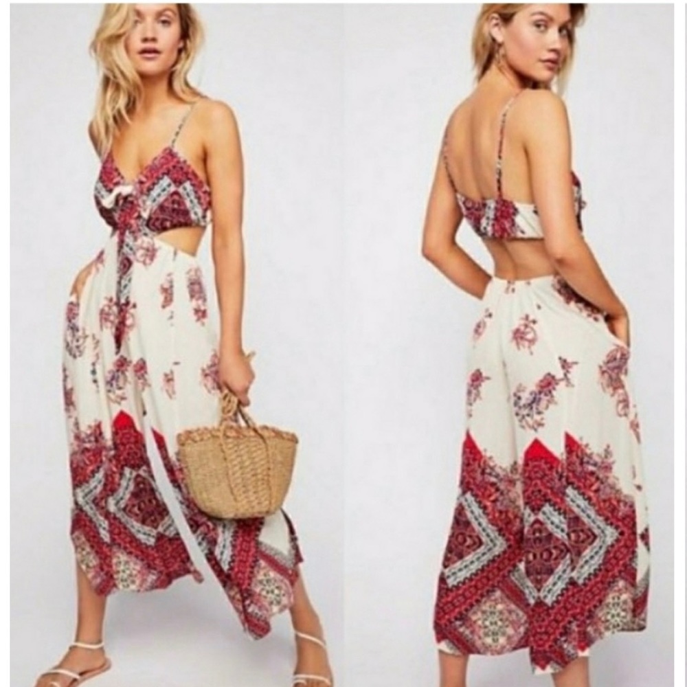 Free People Bella Cutout Wide Leg Crop Woven Gauze Jumpsuit Boho Red Medium